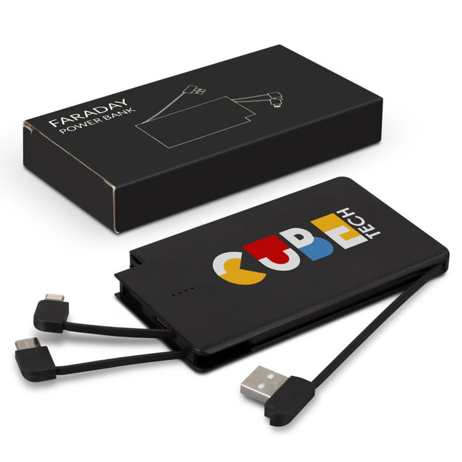A black power bank with an attached charging cable, presented in a sleek box, featuring a colourful logo.