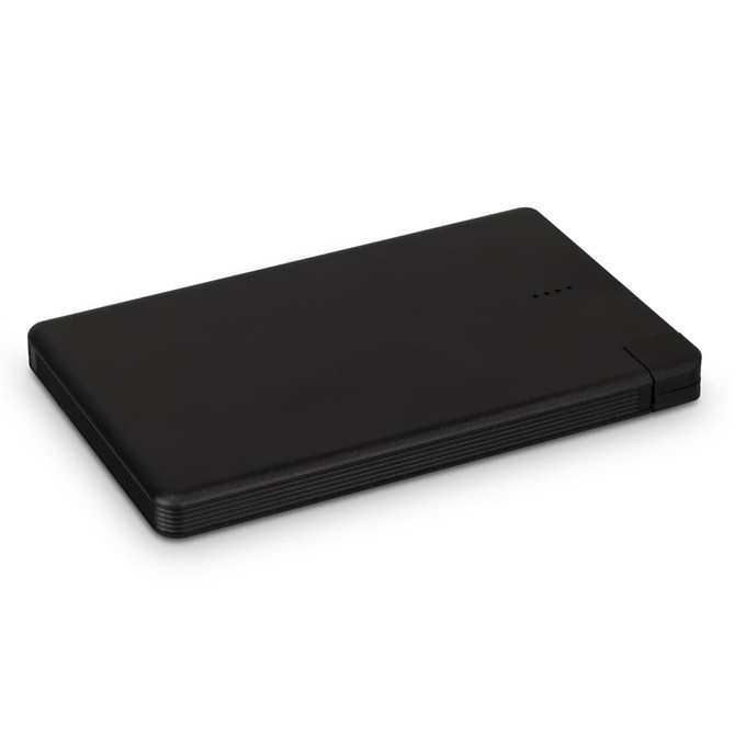 A slim black power bank with a textured surface and a small indicator light. It features a compact design for portability.