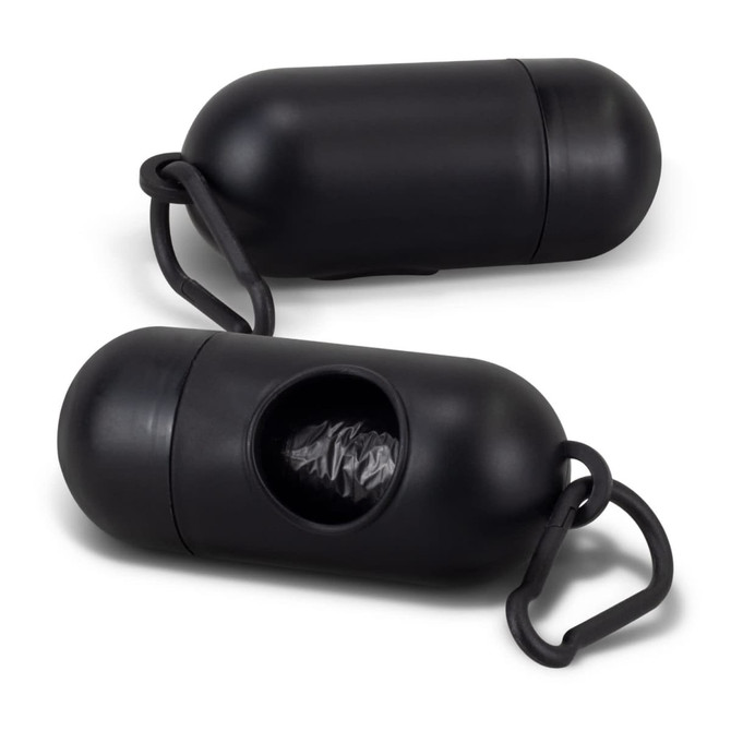 A black pet bag dispenser featuring a clip for attachment and a compartment for storing bags.