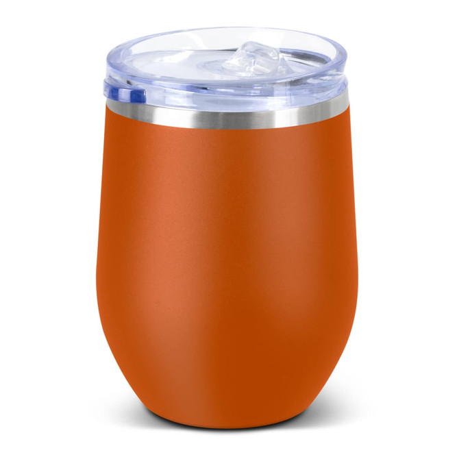An orange ceramic vacuum cup with a clear lid. It features a stainless steel rim and a smooth, matte finish.