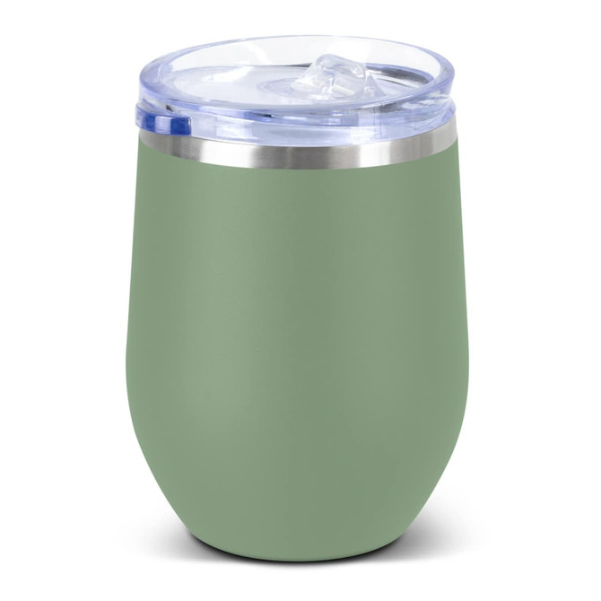A drink bottle in matte green with a clear lid and a silver band around the top. Features a logo.
