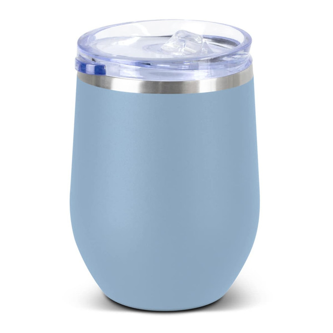A drink bottle in light blue with a stainless steel base and transparent lid, featuring a logo.