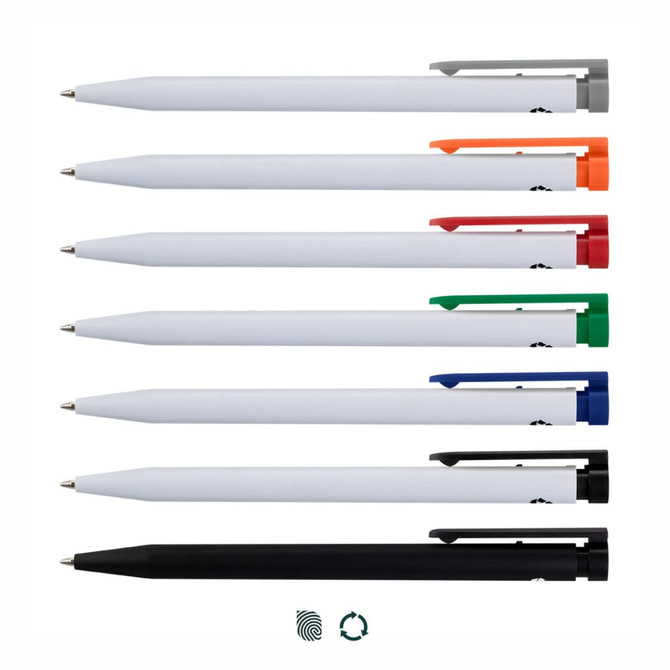 A collection of eight recycled plastic pens in various colours: orange, red, green, blue, and black, with branding visible.