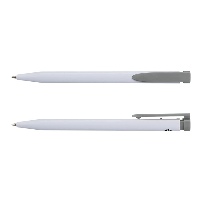 A recycled plastic pen in white with a grey clip and grip, featuring branding on the side.