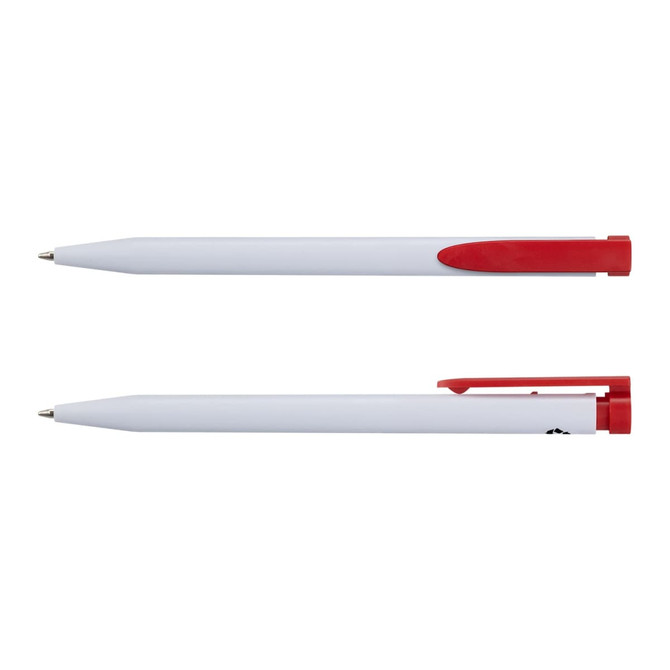 A recycled plastic pen in white with a red clip and accent. The pen features a logo on its body.