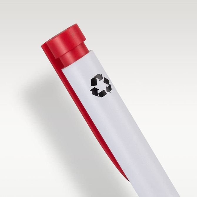 A recycled plastic pen in white with a red cap and a logo featuring a recycling symbol.