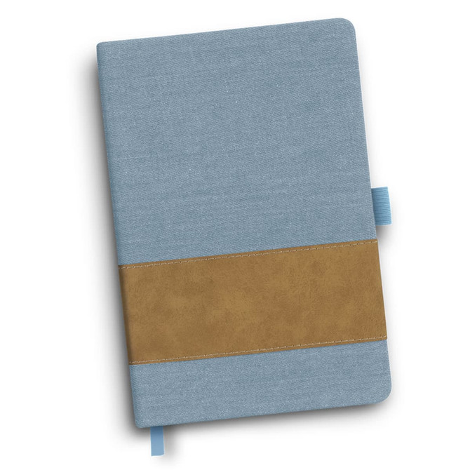 A denim notebook in light blue with a brown leather-like band, featuring a blue ribbon bookmark and a logo.