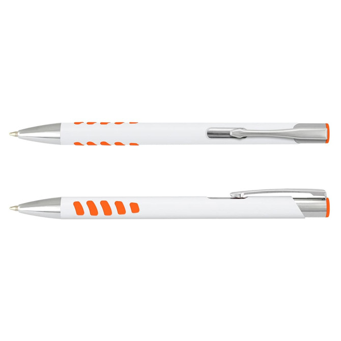 A metal pen with a white barrel and orange accents, featuring a silver clip and detailing.
