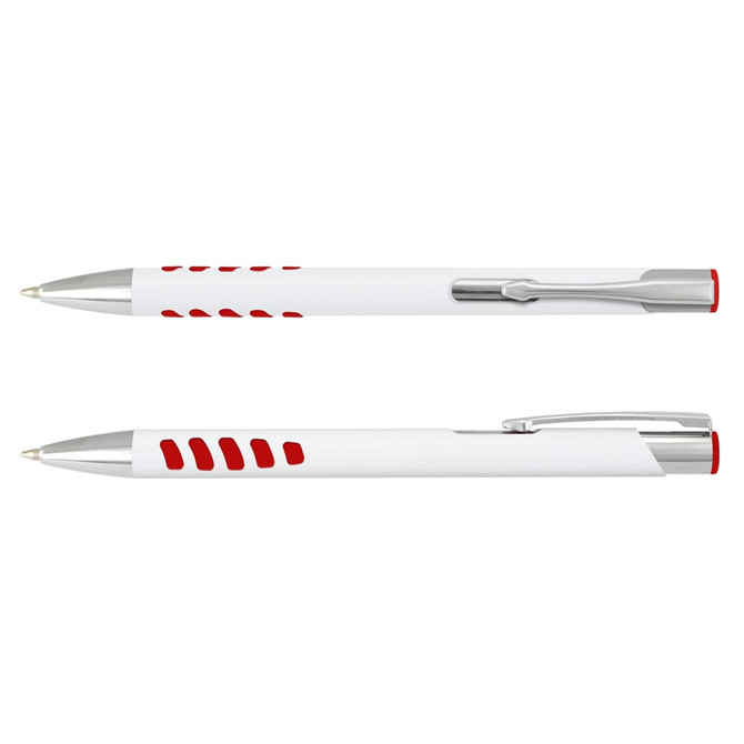 A white barrel metal pen with red accents and grip sections, featuring a silver clip and branding.