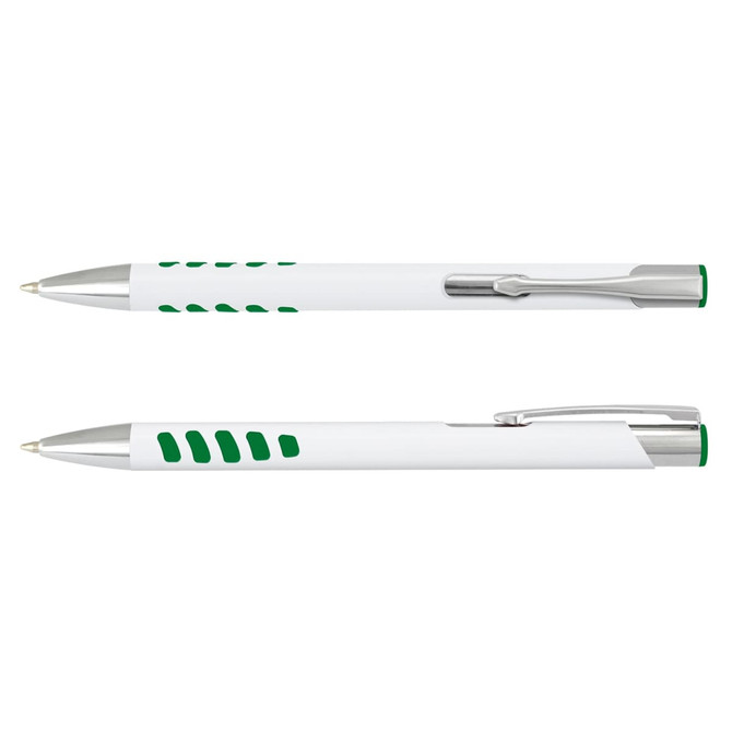 A metal pen with a white barrel and green accents, featuring a silver clip and detailing.