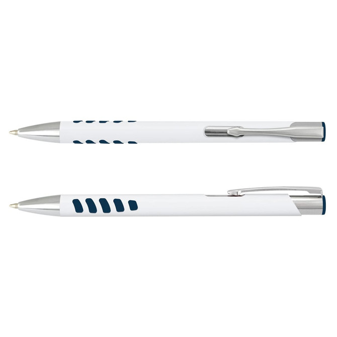 A metal pen with a white barrel and silver accents, featuring a textured grip and a clip.
