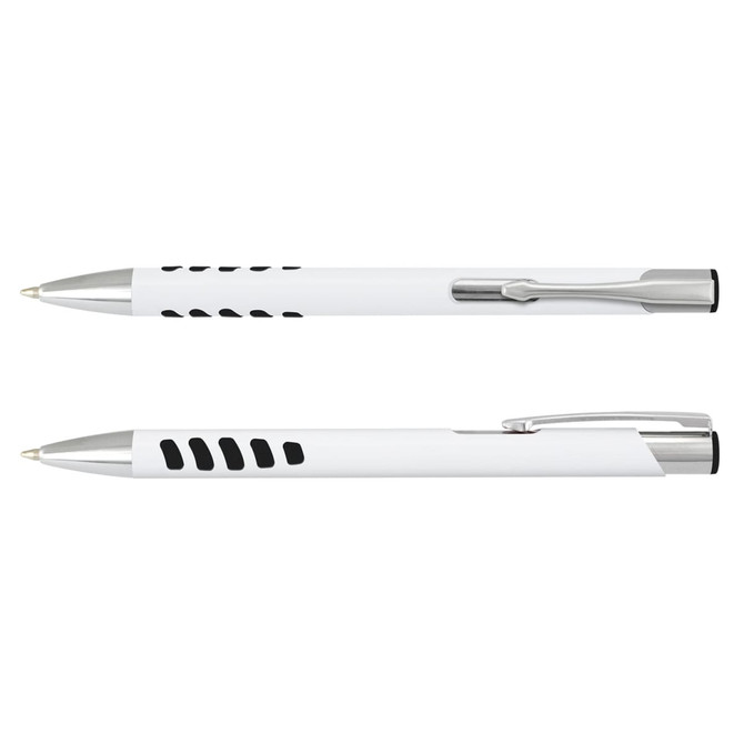 A white barrel pen with silver accents and a grip section designed for comfortable writing.