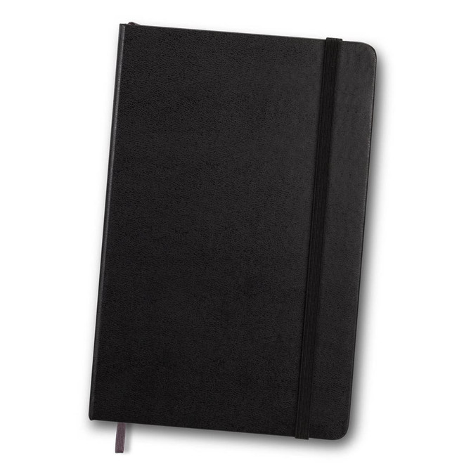 A black Moleskine sketchbook with a textured cover and an elastic closure band.