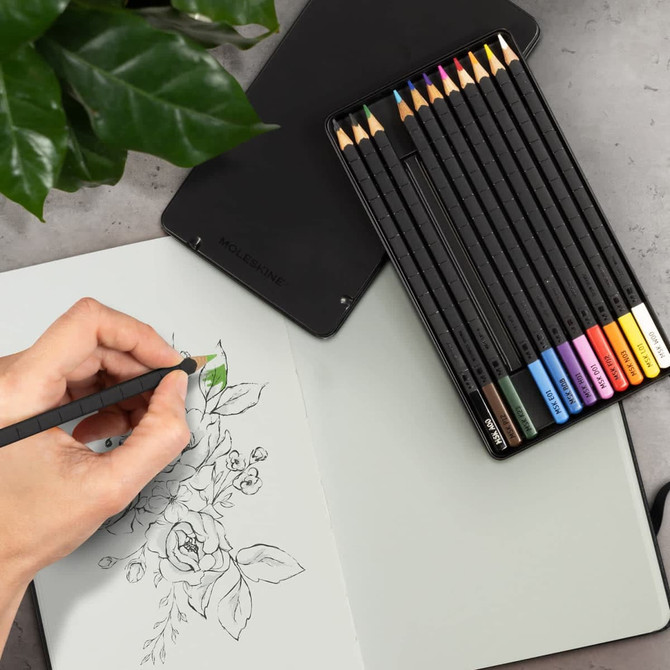 A sketchbook with a floral design, a set of coloured pencils in a tray, and a plant in the background.