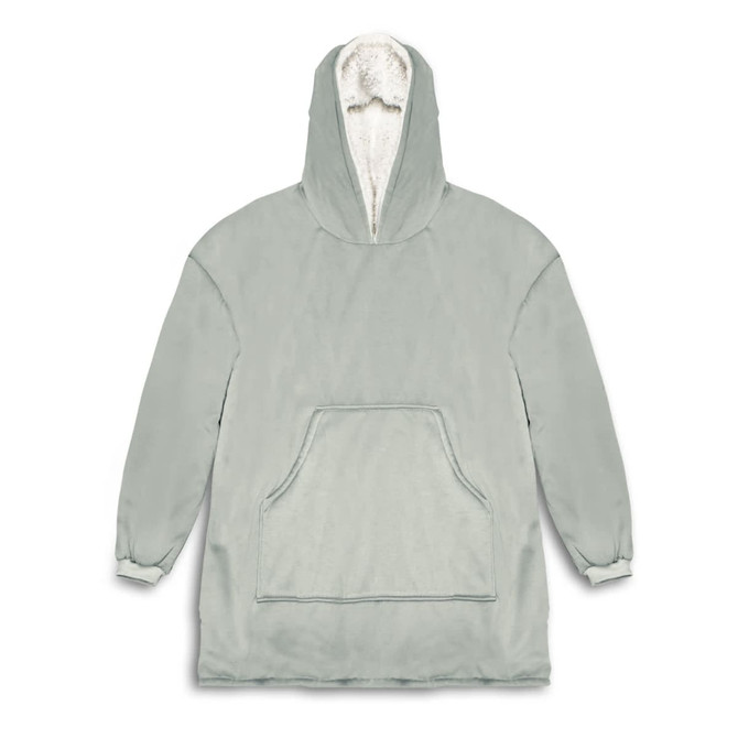 A light green hoodie with a large front pocket and a fleece-lined hood. It features branding.