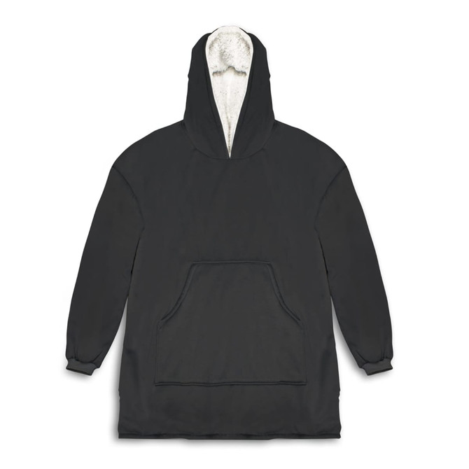 A black hoodie with a plush, cream-lined hood and a front pocket. It features a logo on the design.