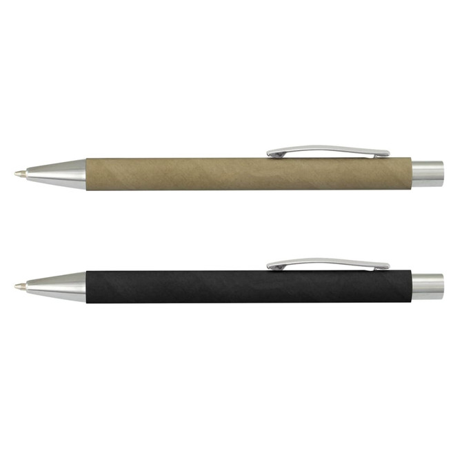 Two Lancer Kraft Pens are displayed: one in a brownish beige and the other in black, both featuring silver accents.