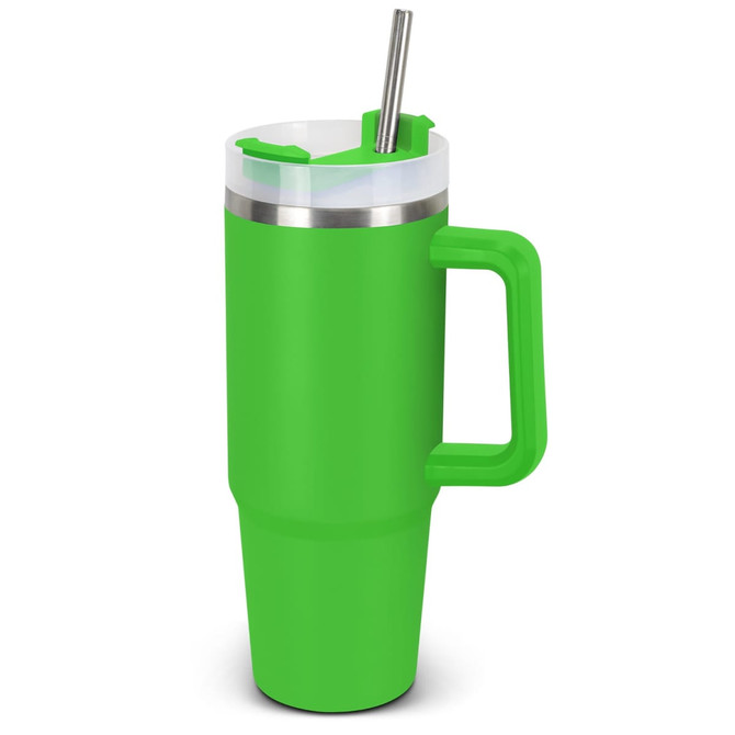 A drink bottle with a vibrant green exterior, a stainless steel lid, and a straw, featuring a sturdy handle.