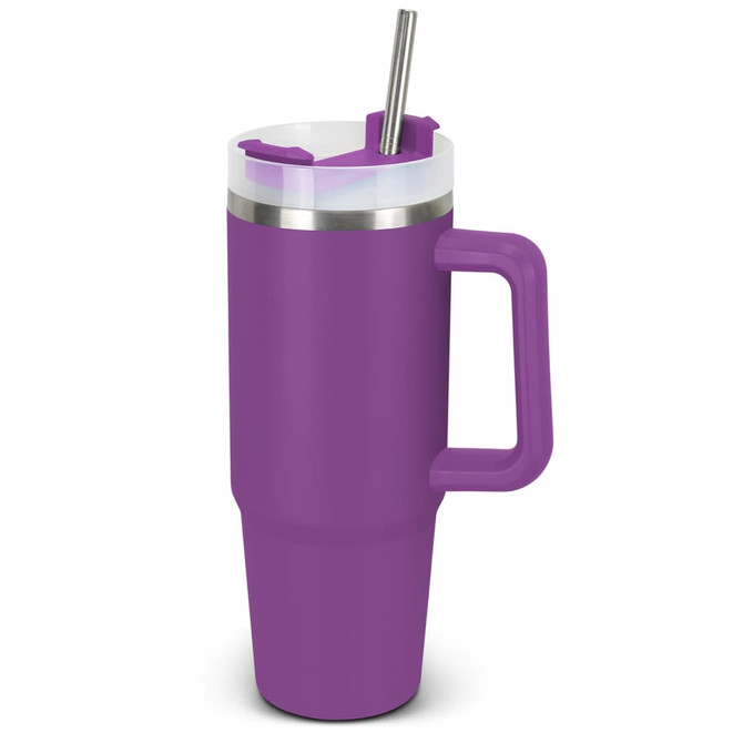 A drink bottle in purple with a handle, stainless steel trim, and a straw. It features a logo on the side.