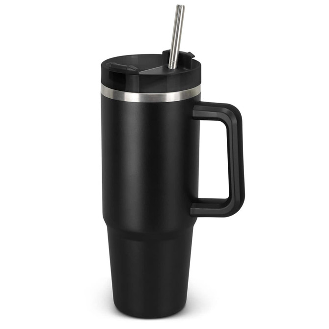 A drink bottle in matte black with a silver band, featuring a straw and a handle for easy grip.