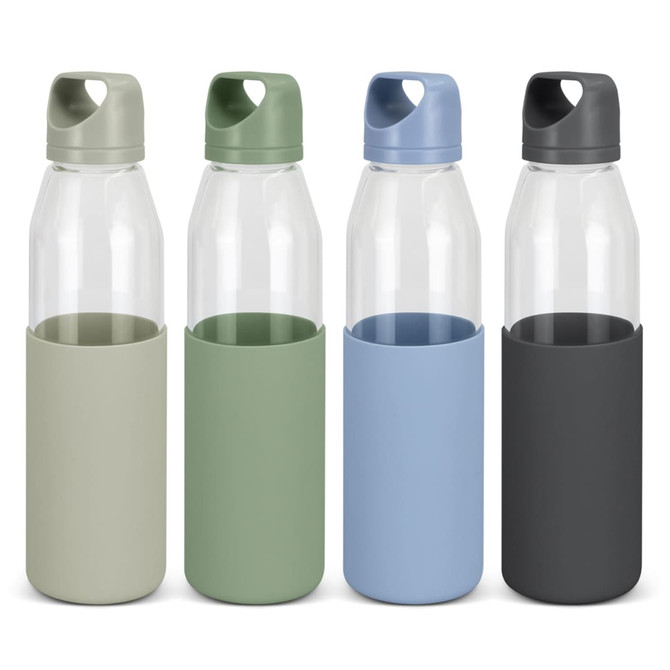 A drink bottle collection featuring four glass bottles with coloured silicone sleeves in light green, dark green, blue, and black.