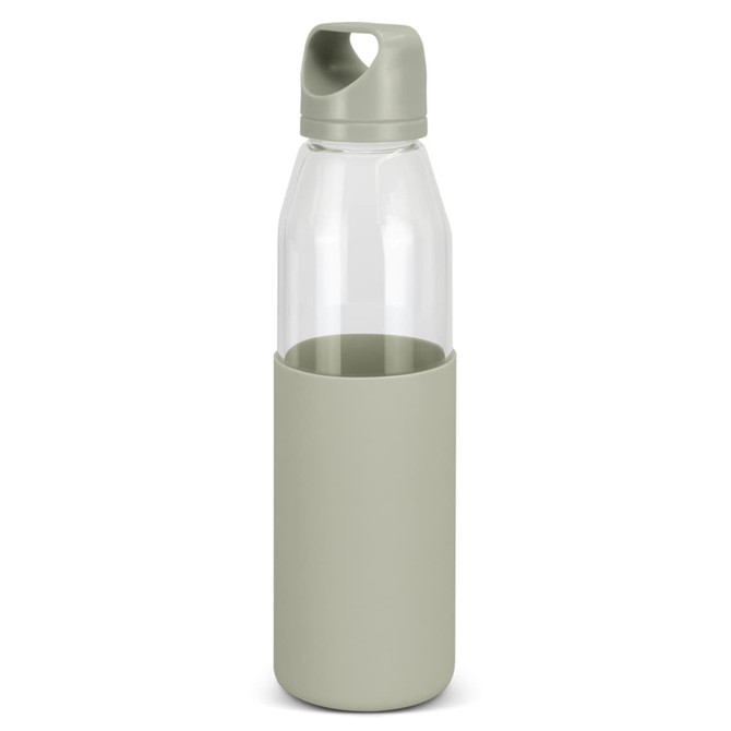 A drink bottle featuring a clear glass body and a soft green silicone sleeve. It includes a flip-top lid and has branding.