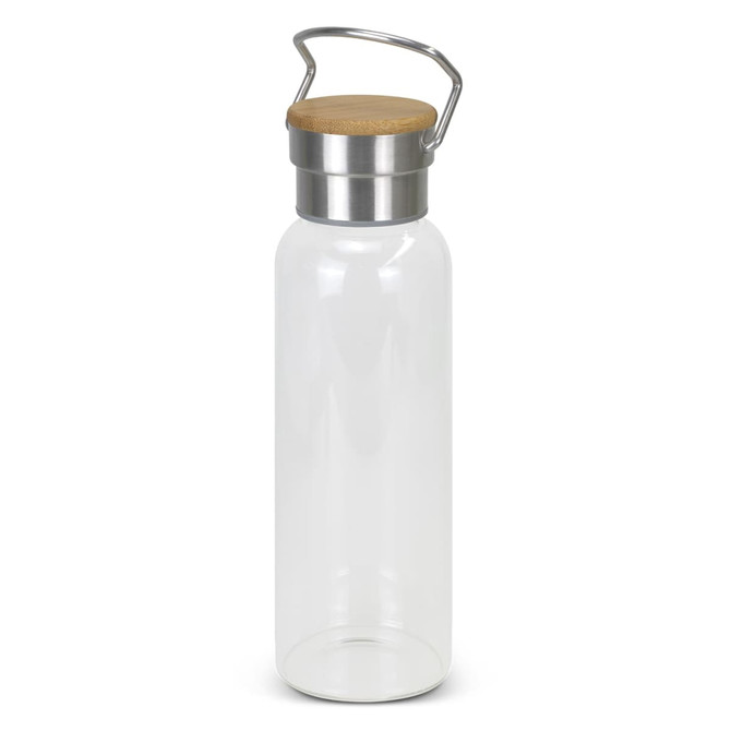 A drink bottle made of clear glass with a metal cap and a light wooden lid. It features a handle.