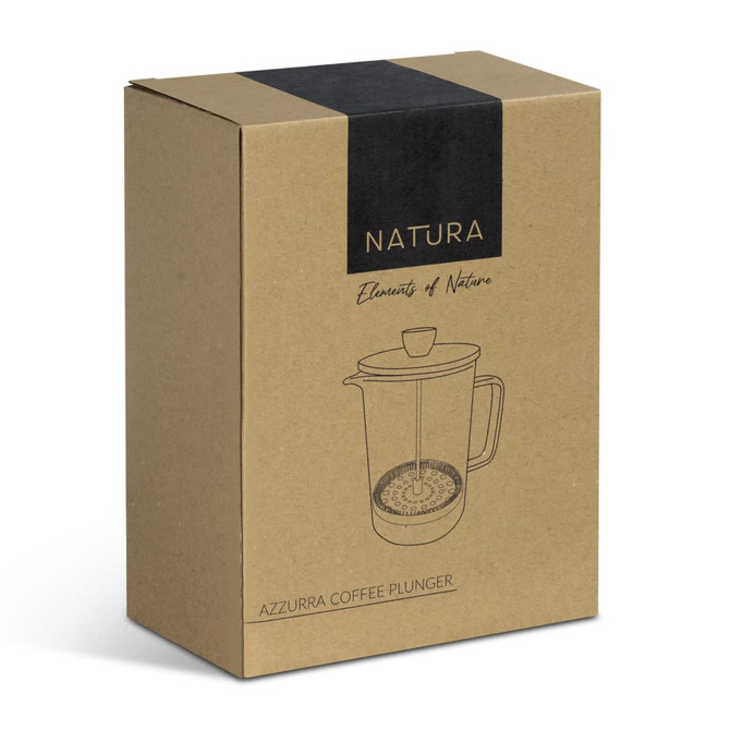 A brown cardboard box containing the NATURA Azzurra Coffee Plunger, featuring a simple illustration and a logo.