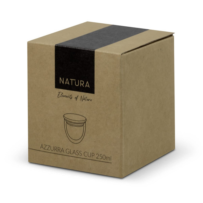 A drink bottle in a brown cardboard box with black detailing, featuring the NATURA logo.