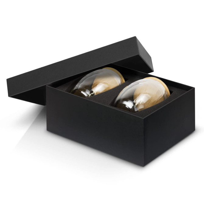 A drink bottle set with two 350ml glass cups, presented in a sleek black box with a foam insert.