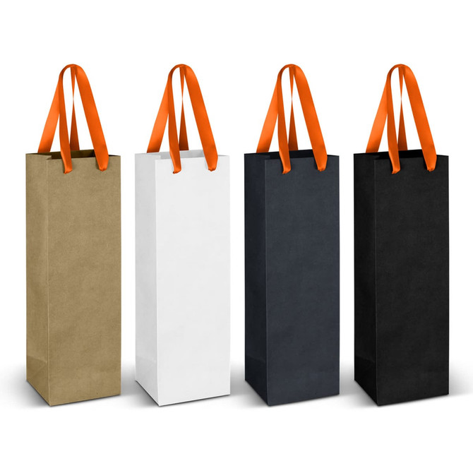 A set of four paper bags in olive green, white, black, and charcoal, each with orange ribbon handles.