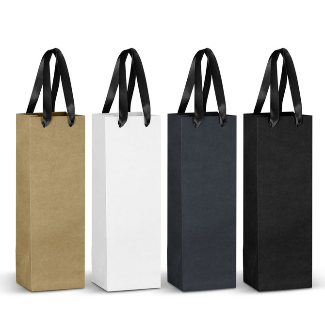 A selection of four paper bags in gold, white, navy, and black, with black ribbon handles. Each bag features a logo.