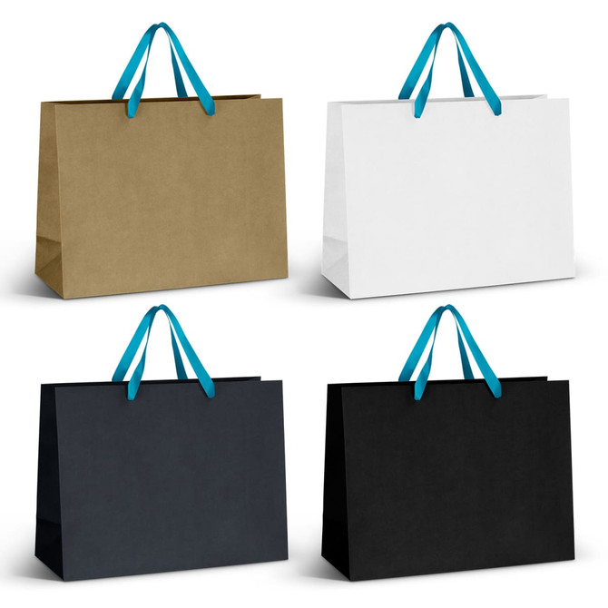 Four extra large ribbon handle paper bags in brown, white, black, and black, featuring blue handles.