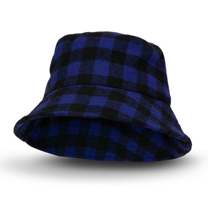 A blue and black checkered bucket hat with a wide brim, featuring a subtle logo on the exterior.