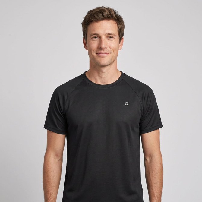 A black T-shirt featuring a logo, displayed on a male model against a plain background.