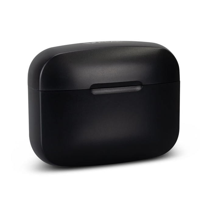 A black charging case for wireless earbuds with a sleek, rounded design and a simple logo.