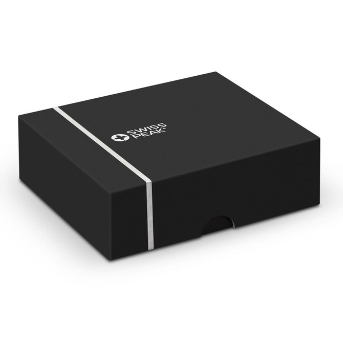 A black box featuring a logo, designed for packaging Swiss Peak TWS Earbuds 2.0.