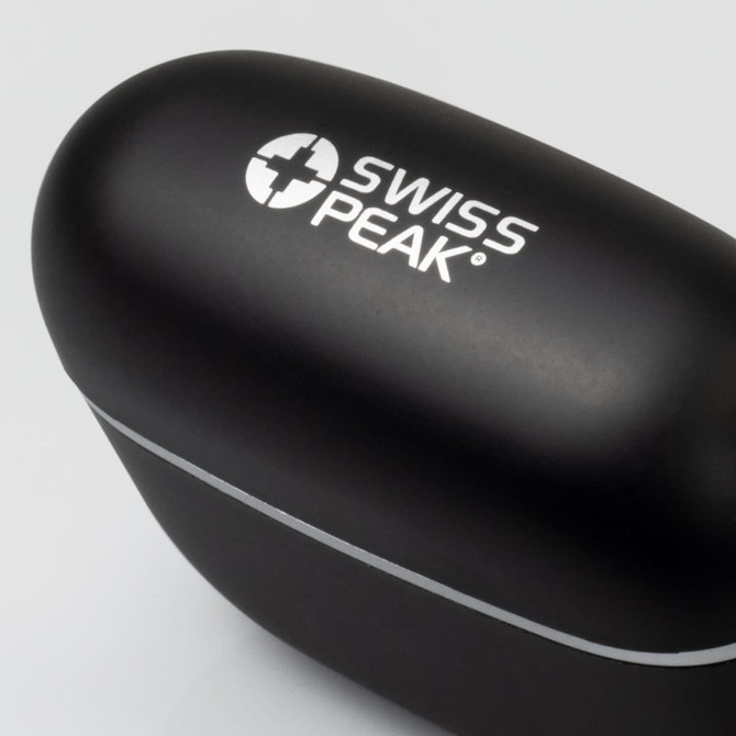 A black charging case for earbuds with a logo, designed for Swiss Peak TWS Earbuds 2.0.
