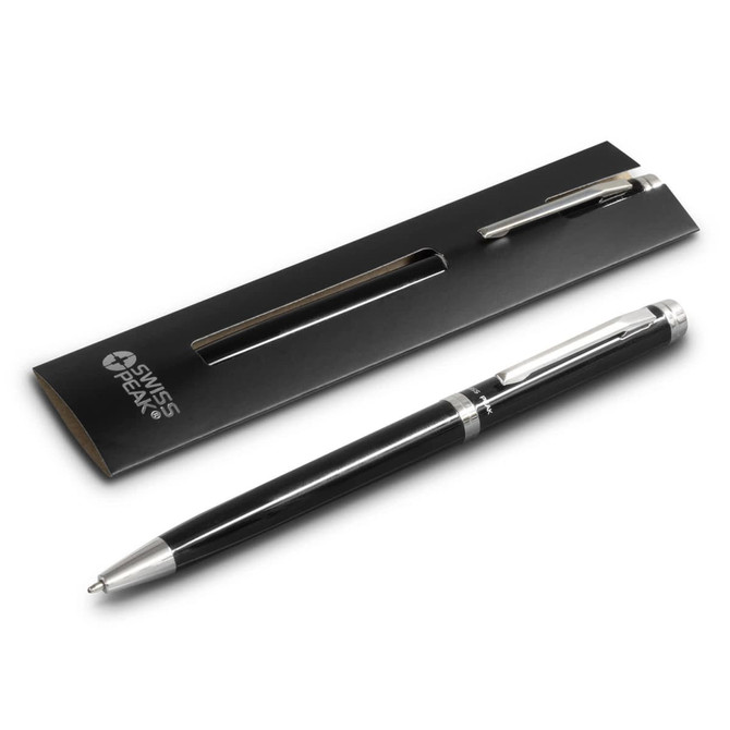A metal pen in black with silver accents, presented in a sleek black packaging with a branding logo.