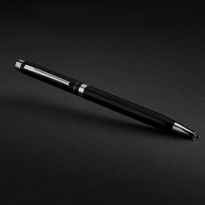 A metal pen in sleek black with silver accents, featuring a branding logo.