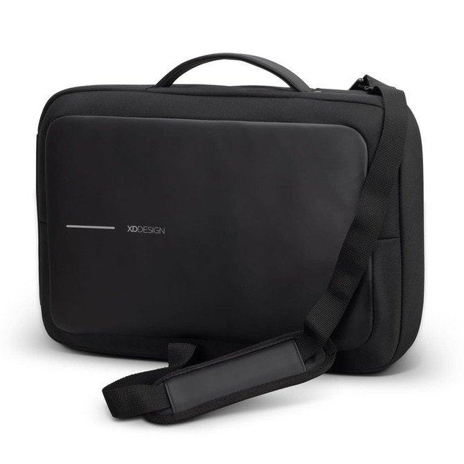 A black anti-theft backpack briefcase featuring a sleek design and an adjustable strap. It has a logo present.