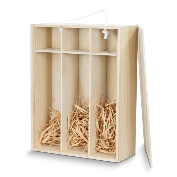 A wooden gift box with three compartments, filled with crinkled straw, featuring a rope handle.