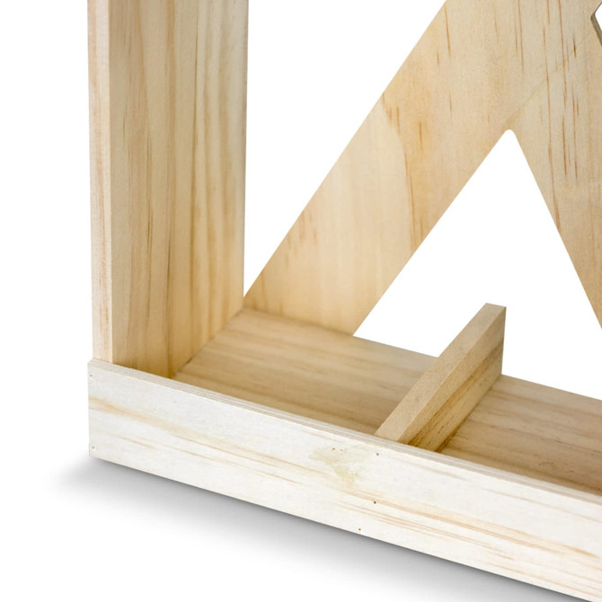 A wooden wine crate in natural tones, featuring a slotted base and a triangular design element.