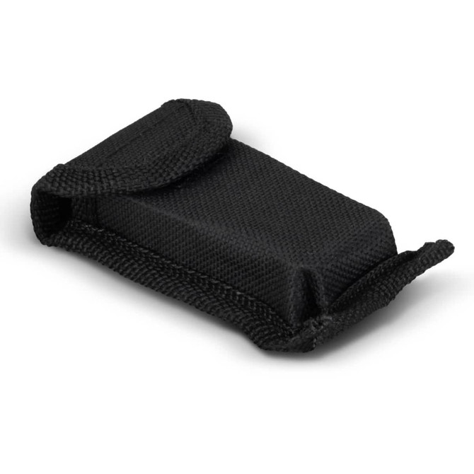 A black nylon pouch with a flap closure, designed to hold multi tools or keyrings.