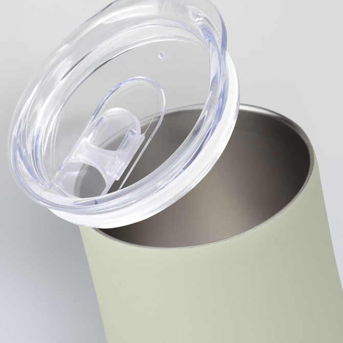 A drink bottle in a soft green hue with a clear lid, featuring a stainless steel interior.