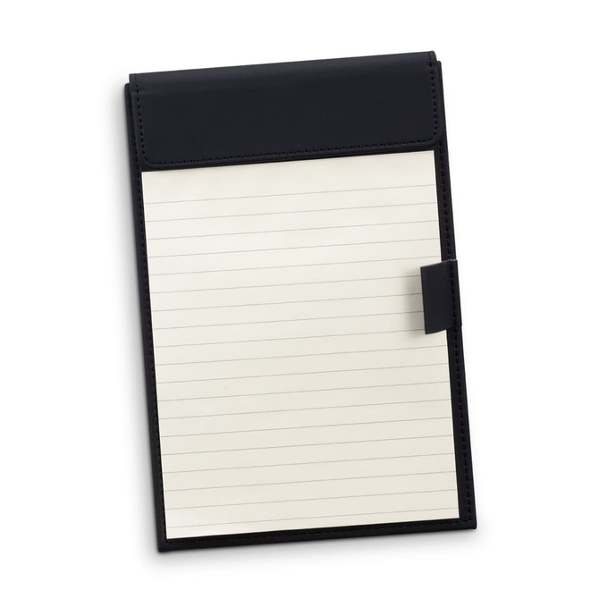 A black notepad holder featuring lined pages, styled for office use. It includes a closure and is sleek in design.