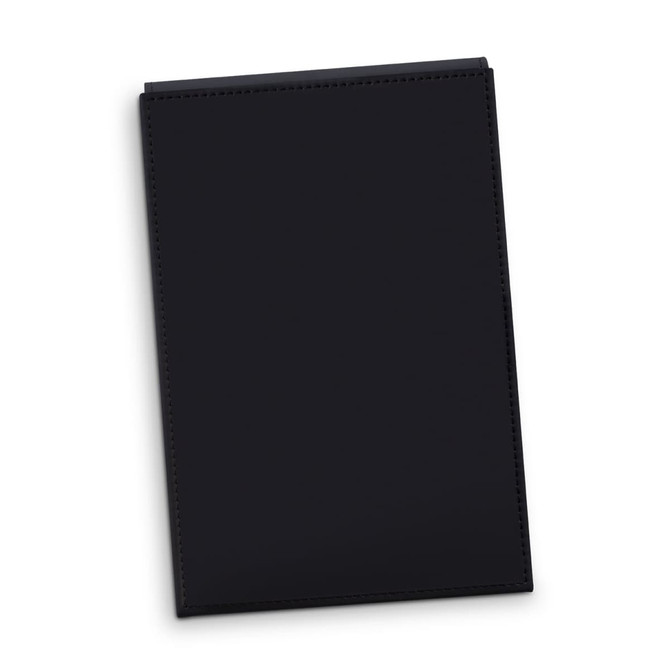 A black notepad holder with a sleek, minimalist design, featuring stitching along the edges and a logo.