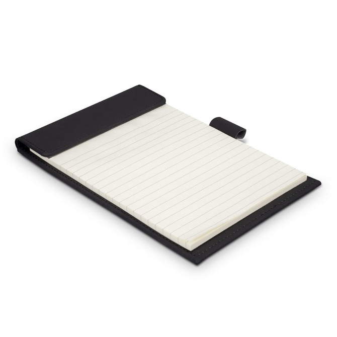 A black notepad holder featuring a lined notepad inside, designed for office use. It includes a closure tab and a sleek finish.