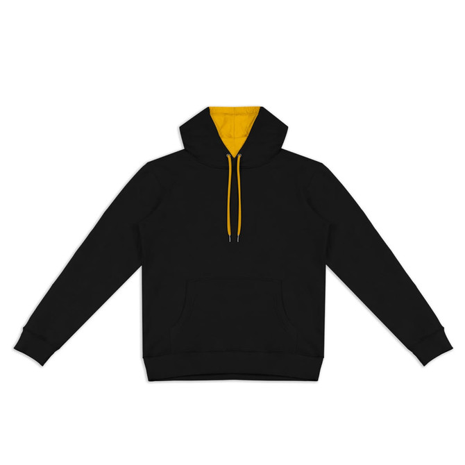 A black unisex hoodie featuring a yellow contrast hood and drawstrings, with a front pocket and branding.