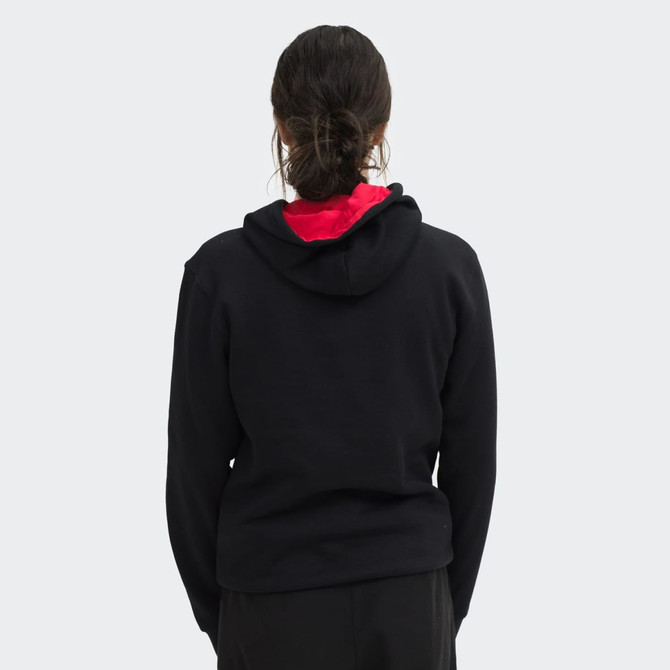 A black unisex hoodie with a red inside hood, featuring a logo on the back.